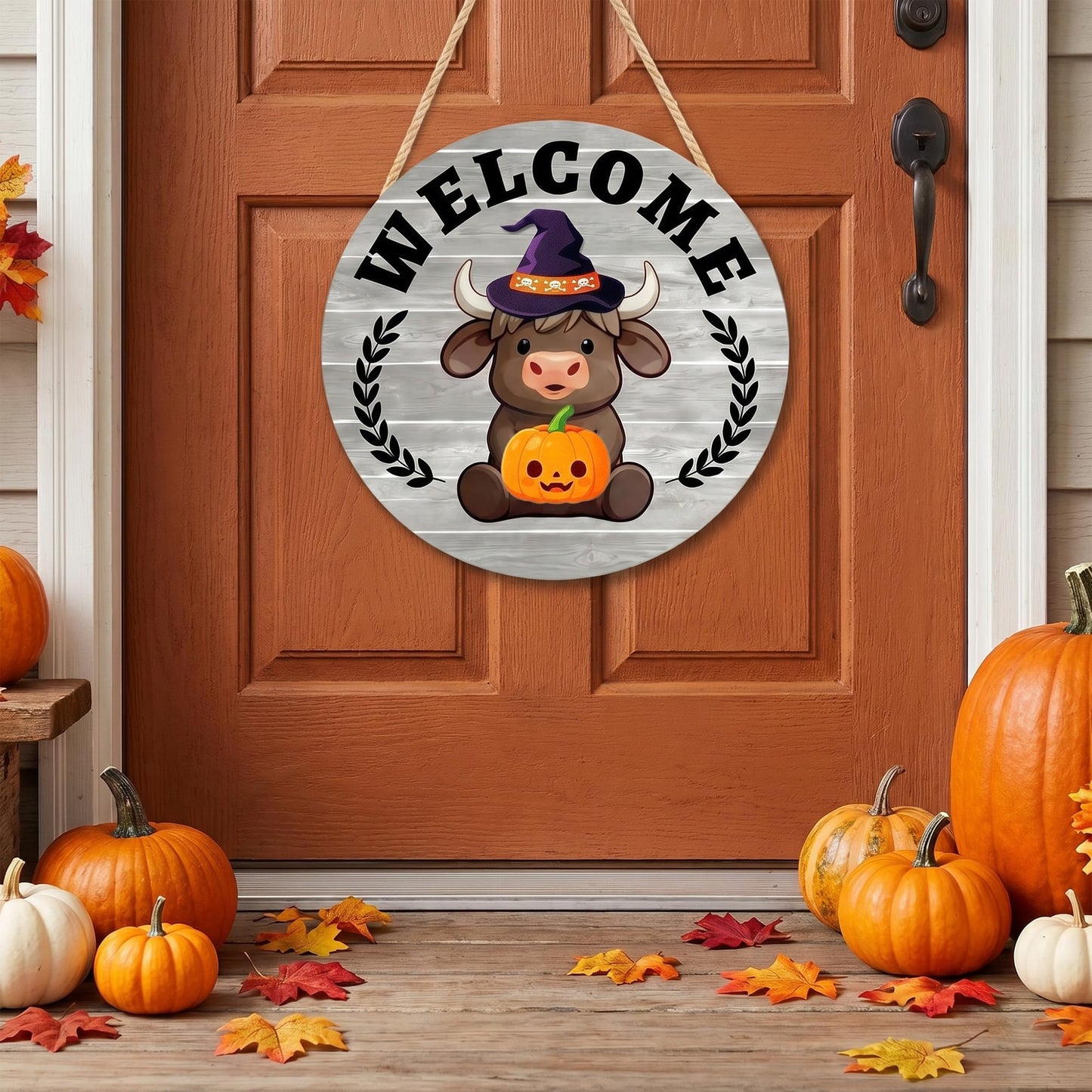Yiranok Holiday Interchangeable Highland Cow Welcome Sign,Highland Cow Seasonal Wooden Hanging Door Decoration Front Door Decoration Gift Hanging Door Sign