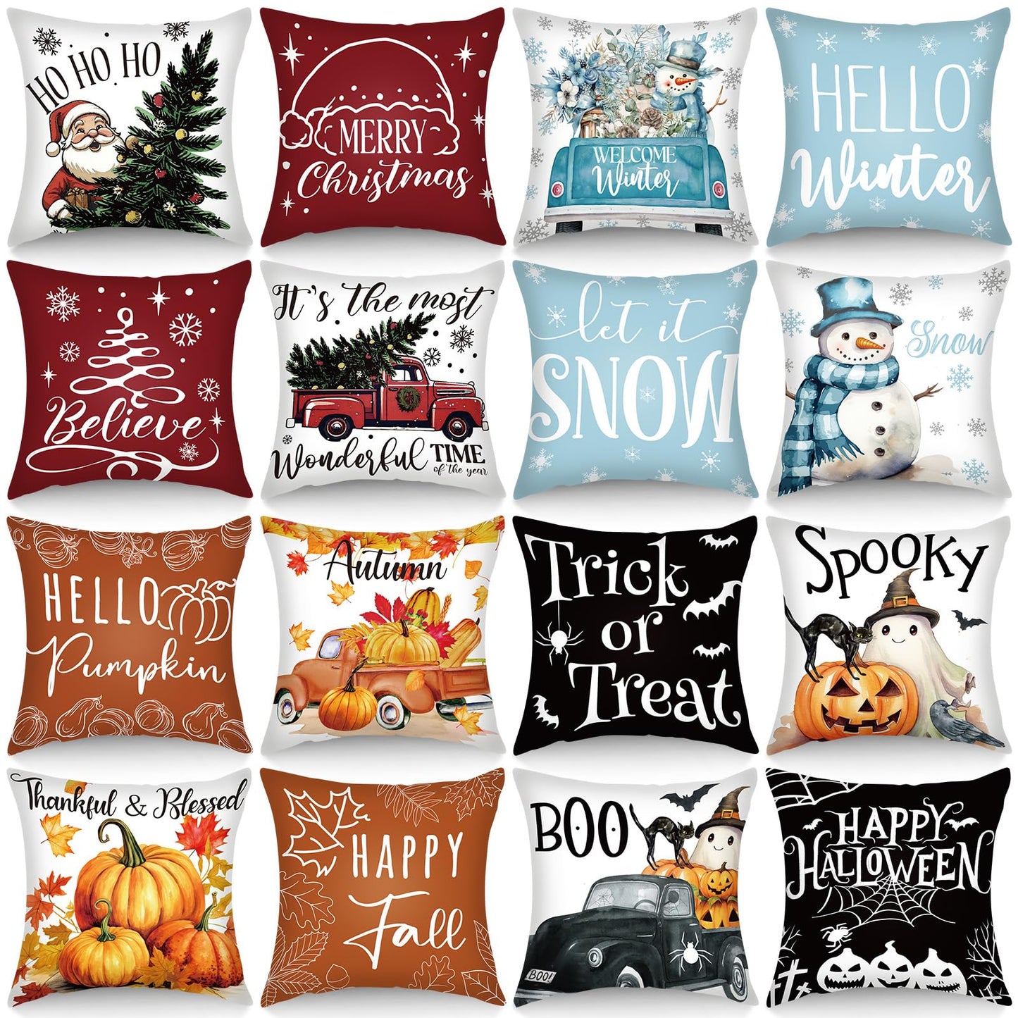 GlikCeil Set of 16 Winter Pillow Covers 18 x 18 Inch Seasonal Throw Pillow Covers Christmas Holiday Pillowcases Decorative Cushion Pillowcases for Farmhouse Home Couch Sofa Decor