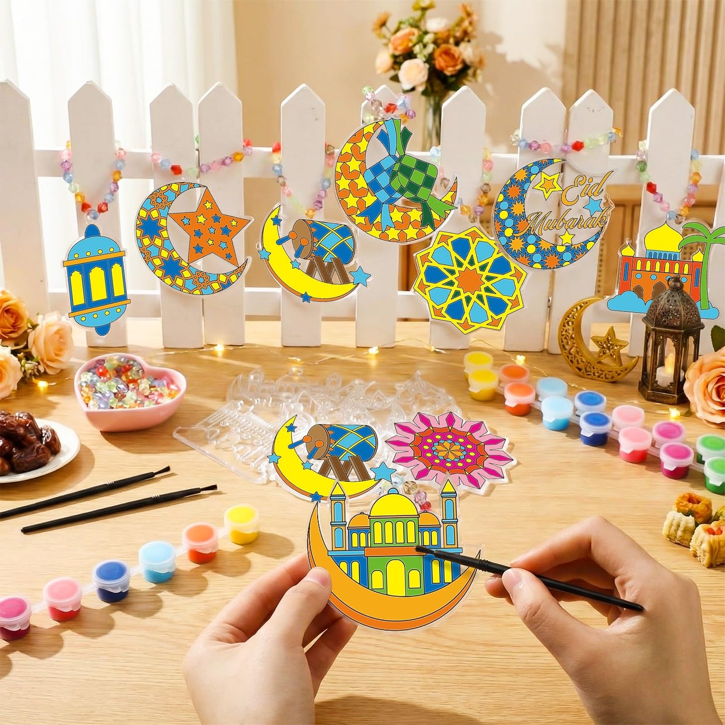 Beeveer 30 Sets Ramadan Suncatchers Art Kits DIY Eid Al Fitr Crescent Moon and Star Mosque Suncatcher Crafts Paint Your Own Window Ornaments for Boys Girls Islamic Eid Mubarak Activities Party Favor