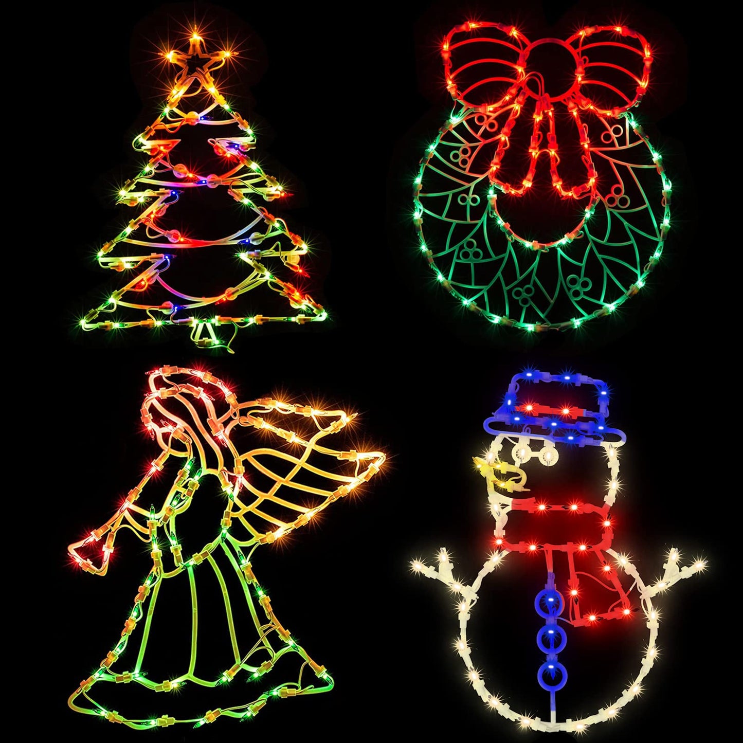 Christmas Window Silhouette Lights Decorations Pack of 4 Lighted Snowman, Trumpeting Angel, Wreath, Christmas Tree Christmas Window Lights with 50 Bulbs for Holiday Indoor Wall Door Glass Decorations