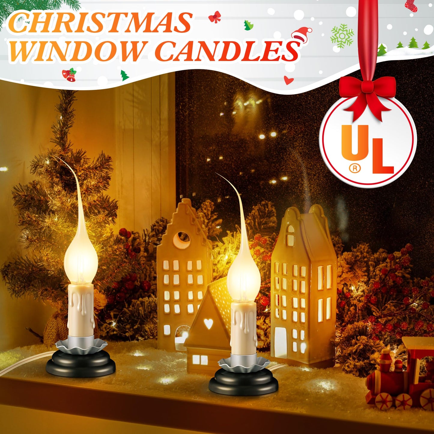 Enhon 2 Pack 3 in Rustic Country Candle Light with Replacement LED Bulbs, UL Certification Electric Christmas Window Candles Light with On/Off Switch, 0.6W C7 Candlestick Lamp, 5Ft Cord