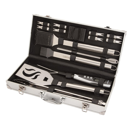 Cuisinart Deluxe Grill Tool Set, 20-Piece Grill Tools BBQ Accessories with Aluminum Case & Digital Temperature Fork, Spatula, Tongs, Stainless Steel Grilling Accessories, Grilling Set for BBQ