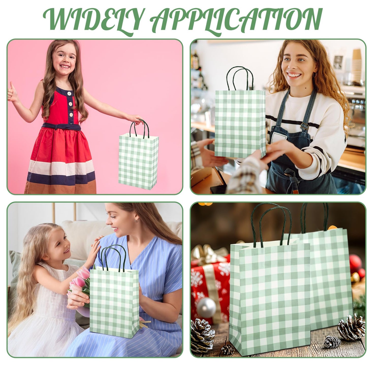 Chinco 30 Pcs Sage Green Gingham Paper Gift Bags Bulk with Handles, Candy Goodie Plaid Bags for Party Favors Supplies, Christmas, Birthday, Baby Shower, Wedding, Candy, Cookies, Gifts
