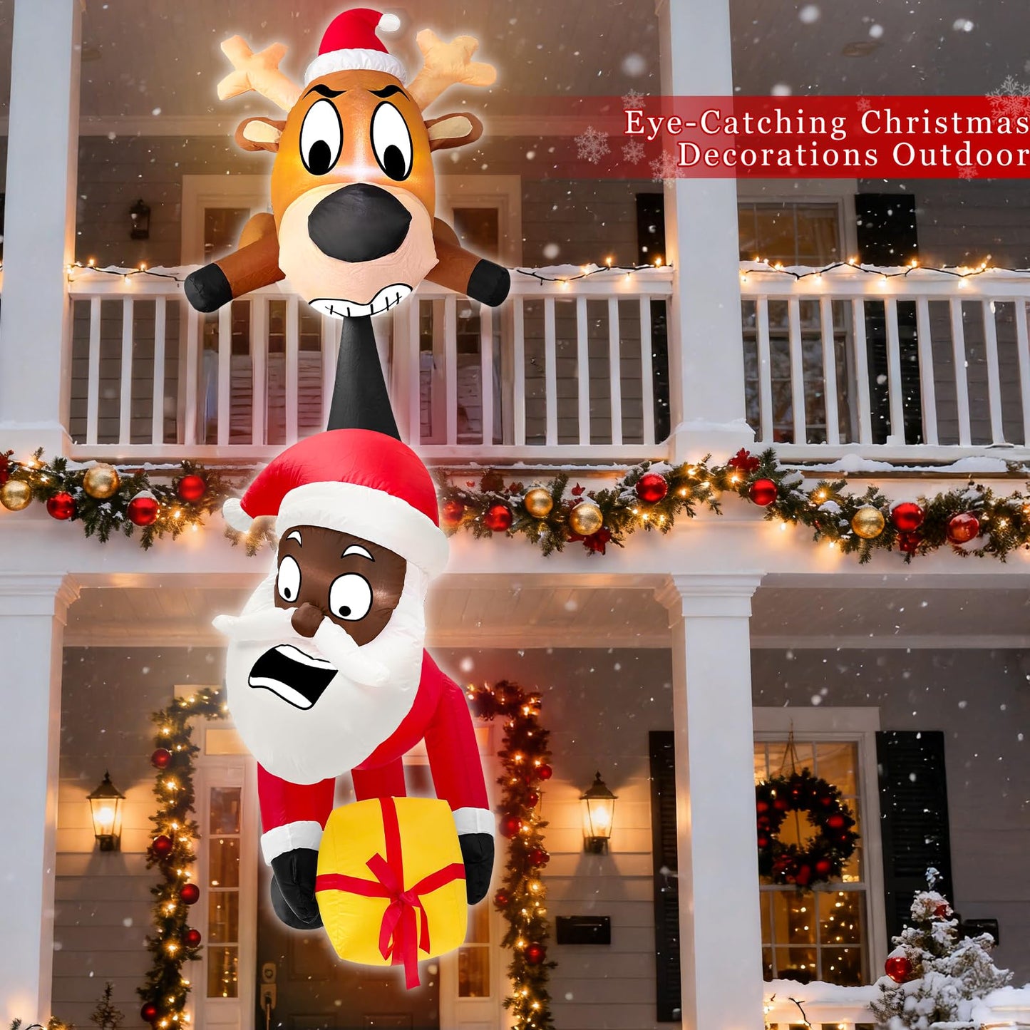 6 Ft Christmas Inflatable Reindeer & Climbing Black Santa Claus, Funny Hanging Outdoor Decoration with Built-in LED Light, Christmas Blow Up Yard Decor for Beam Roof Tree Indoor Home Party Lawn Decor