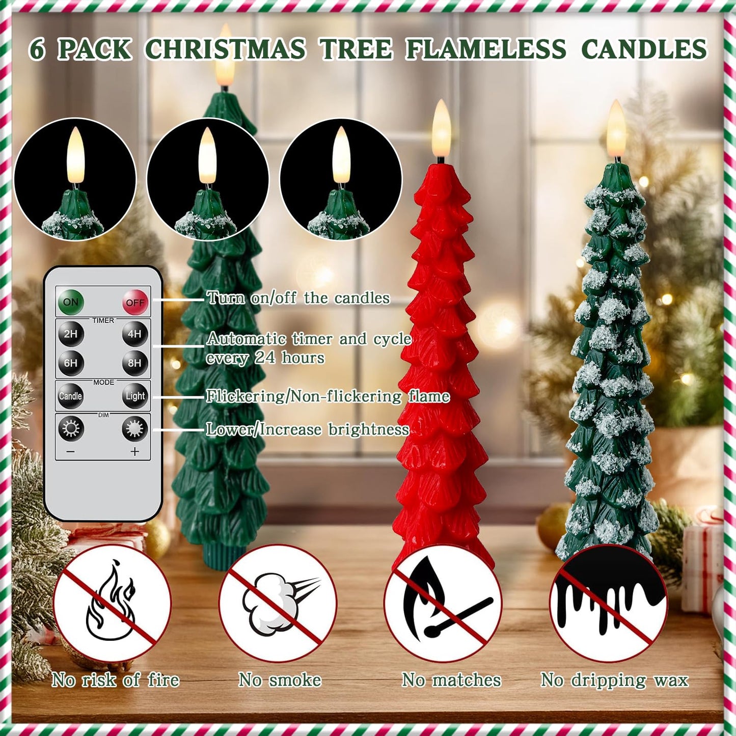 6 Pack Christmas Tree Taper Candles Flameless Taper Candles with Remote Timer Christmas Tree Candlesticks 3D Wick Flickering Battery Operated Candles for Christmas Holiday Home Party Decoration