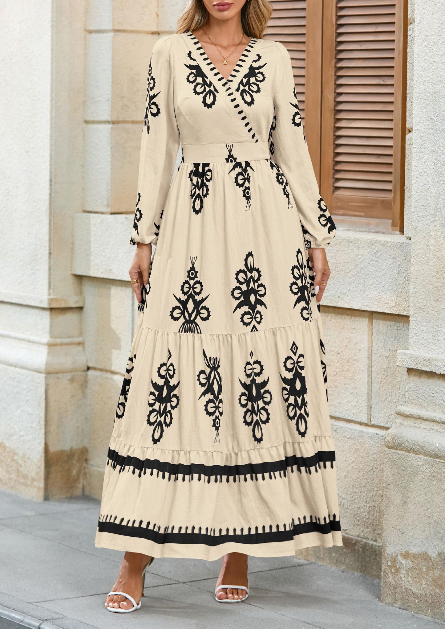 PRETTYGARDEN Women's 2025 Fall Wedding Guest Dresses Boho Floral Long Sleeve V Neck Flowy Elegant Maxi Dress Beach Clothes