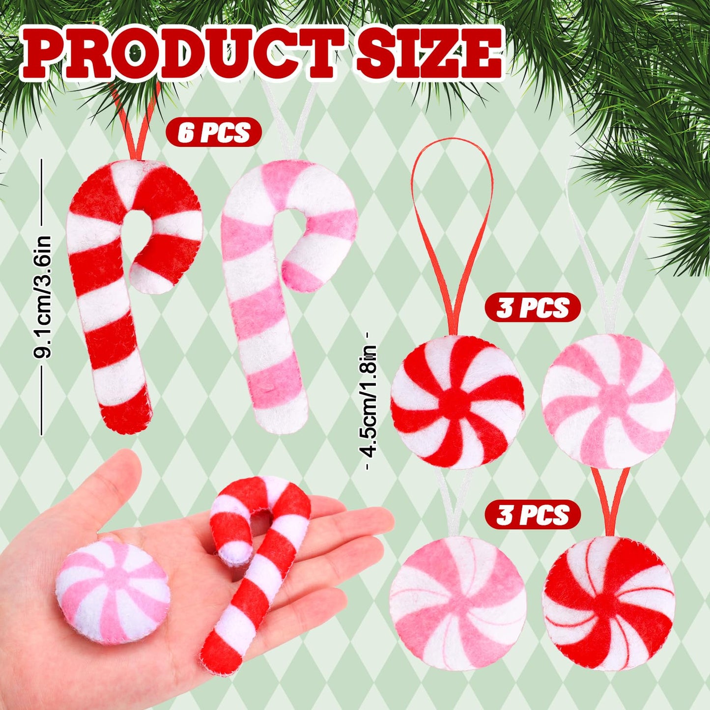 Whaline Christmas Felt Candy Canes Ornament Set Xmas Red Pink White Candy Hanging Decorations with String for DIY Garland Art Crafts Home Party Decor Supplies, 24 Pcs