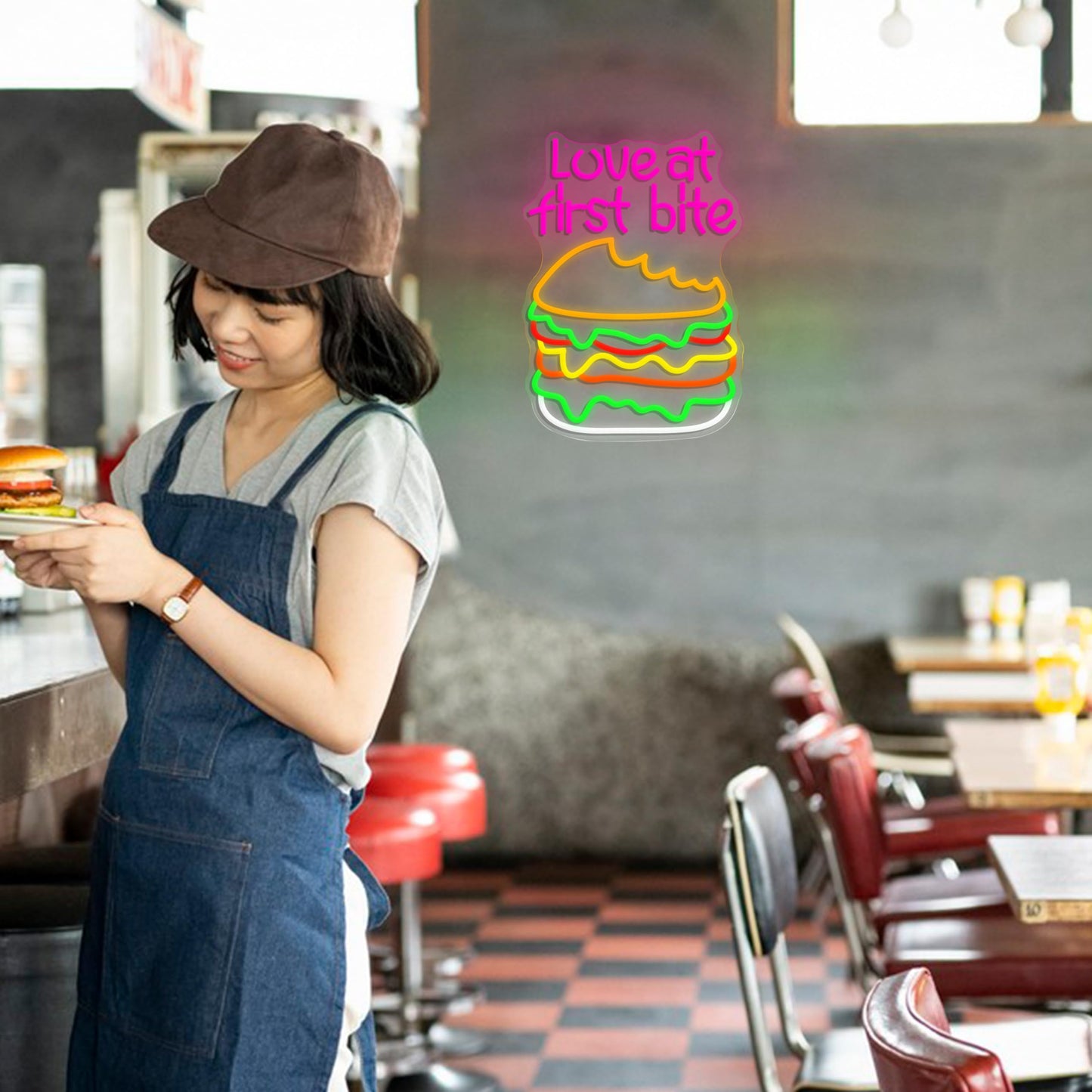 Love At First Bite Neon Sign Burger LED Neon Light Dimmable Hamburger Food Light Up Sign for Restaurant Shop Living Room Fast Food Restaurant Decoration Light Sign