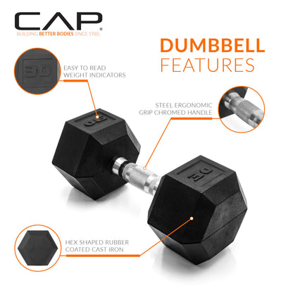 CAP 30 LB Rubber Coated Hex Dumbbell Weight, Rubber Free Weights for Home Gym Strength Training, Chrome Handle, Pair