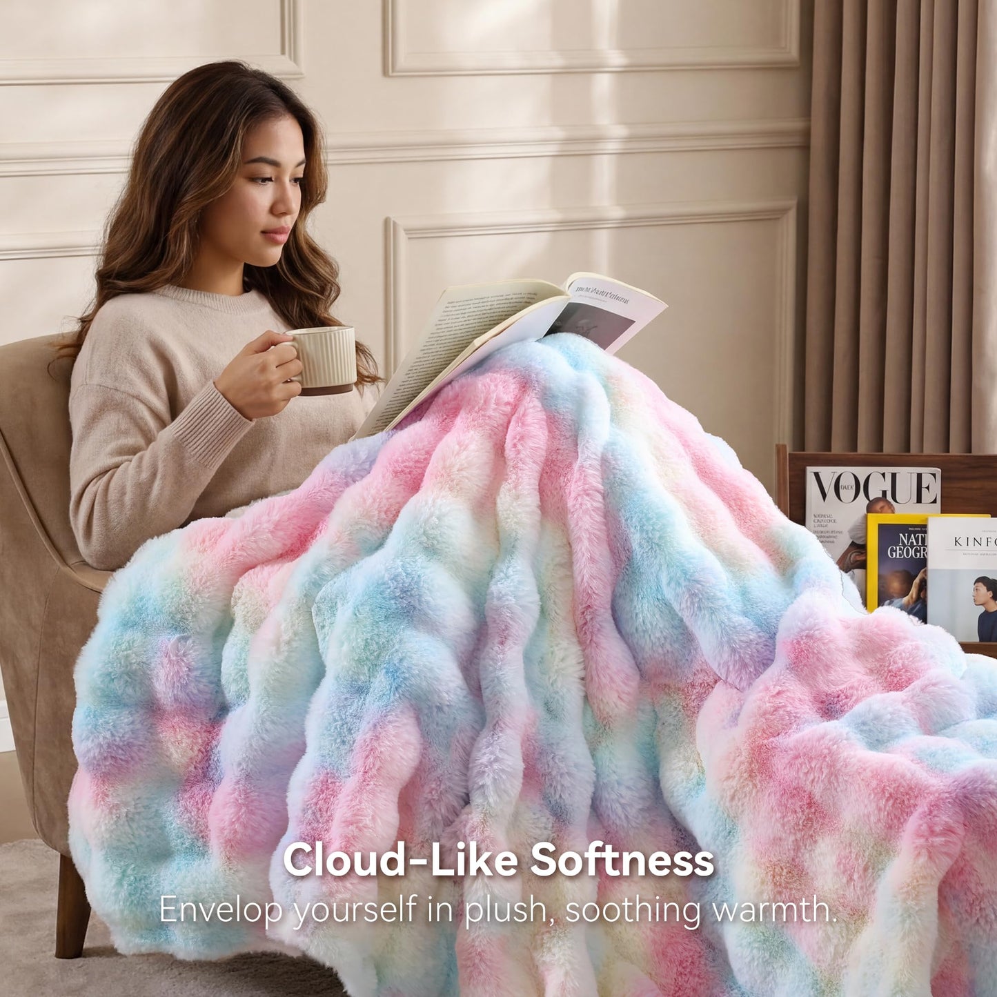 Smoofy Faux Fur Throw Blanket for Couch - Rainbow Super Soft Cozy Bubble Blanket, Fluffy Plush Fuzzy Throw for Sofa & Bed, Thick Lightweight Warm Blanket, Luxury Aesthetic Gift for Women 50"x60"