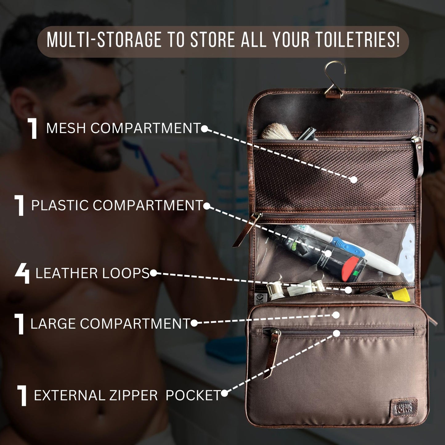 RUSTIC TOWN Leather Hanging Toiletry Bag for Men - Travel Shaving Dopp Kit - Bathroom Shower Toiletries Organizer - Leather Makeup Cosmetic Bag for Women