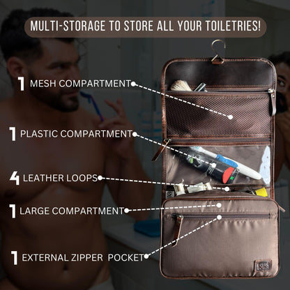 RUSTIC TOWN Leather Hanging Toiletry Bag for Men - Travel Shaving Dopp Kit - Bathroom Shower Toiletries Organizer - Leather Makeup Cosmetic Bag for Women