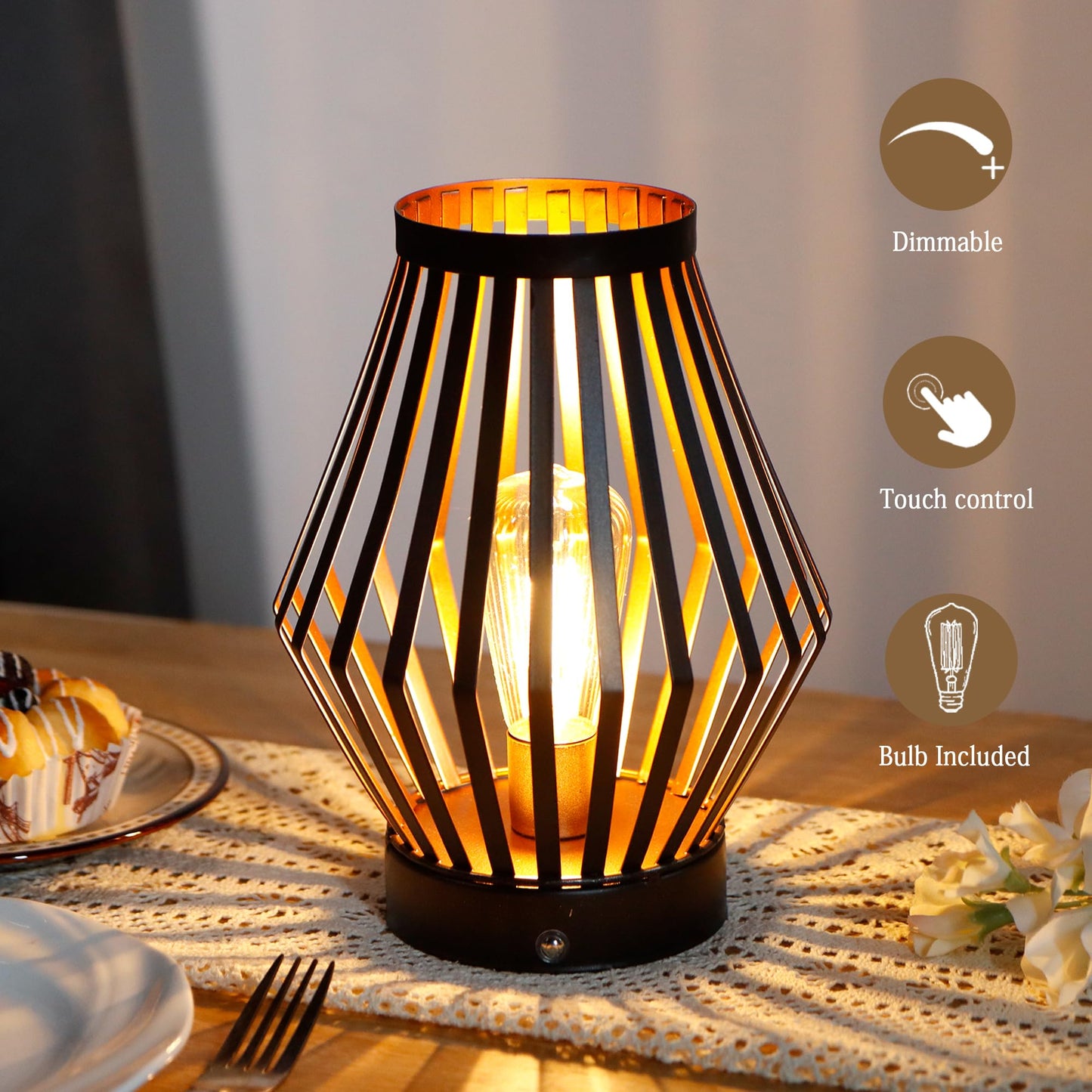 JHY DESIGN Dimmable Touch Bedside Table Lamp 8.5''H Rechargeable Metal Cage Lantern with LED Edison Style Bulb Cordless Accent Lamp for Weddings Parties Patio Events for Indoors Outdoors