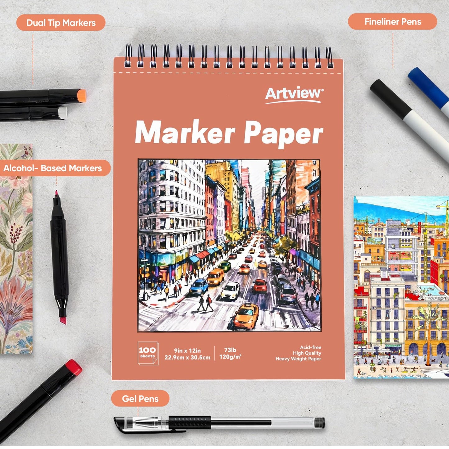Artview 9" x 12" Marker Paper Pad, 100 Sheets, 73 lb/120 GSM Heavyweight Spiral Marker Paper, Bleed-Resistant for Alcohol Markers, Dual-Sided Drawing & Painting for Adults and Kids