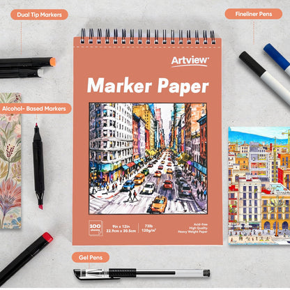 Artview 9" x 12" Marker Paper Pad, 100 Sheets, 73 lb/120 GSM Heavyweight Spiral Marker Paper, Bleed-Resistant for Alcohol Markers, Dual-Sided Drawing & Painting for Adults and Kids