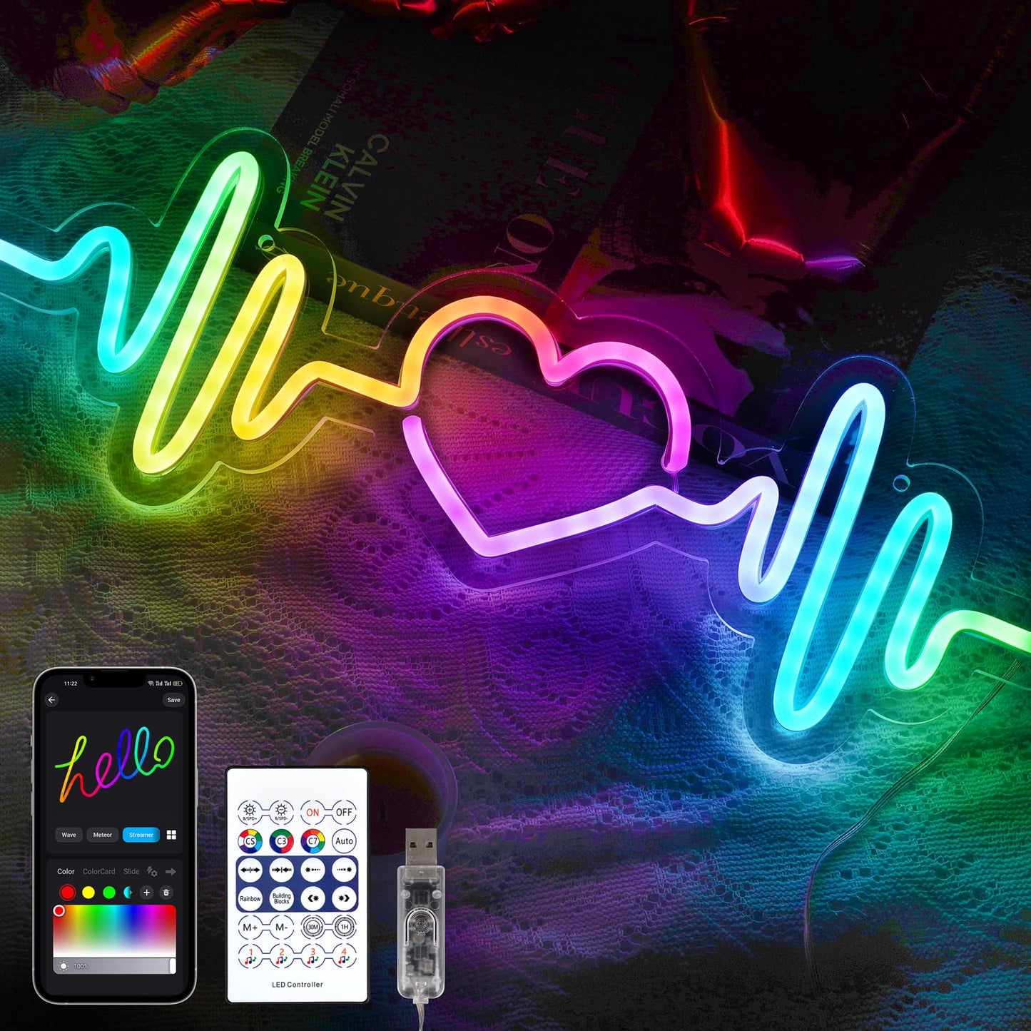 MissAudrey Heartbeat Neon Sign with Remote Control, LED Neon Sign for Wall Decor, Custom RGB Adjustment ECG Heart Lights, Light Up Signs for Bedroom Wedding Party Birthday Mother's Day Decorations
