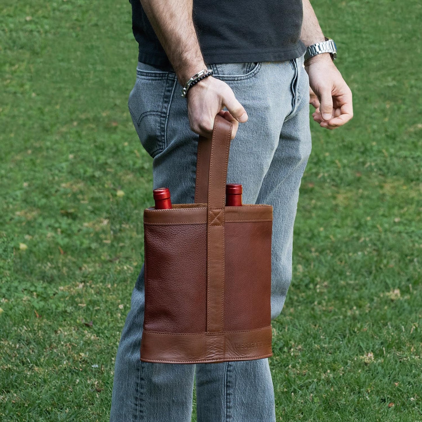 WESLEATH Double Wine Carrier Bag – Leather Wine Tote for Two Bottles with Handle – Protective Carrier for Picnic, Wine Champagne Gift Bag (Sunset)