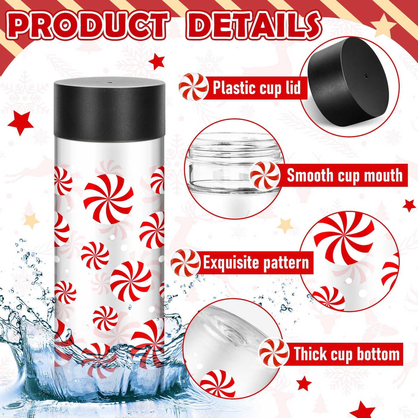FYSUIMU 24 Pcs Christmas Plastic Cups with Lids Xmas Candy Reusable Plastic Tumbler Empty Clear Drink Containers Water Bottles for Storing Smoothie Milk Tea Juice Beverages Xmas Party Favors Supplies
