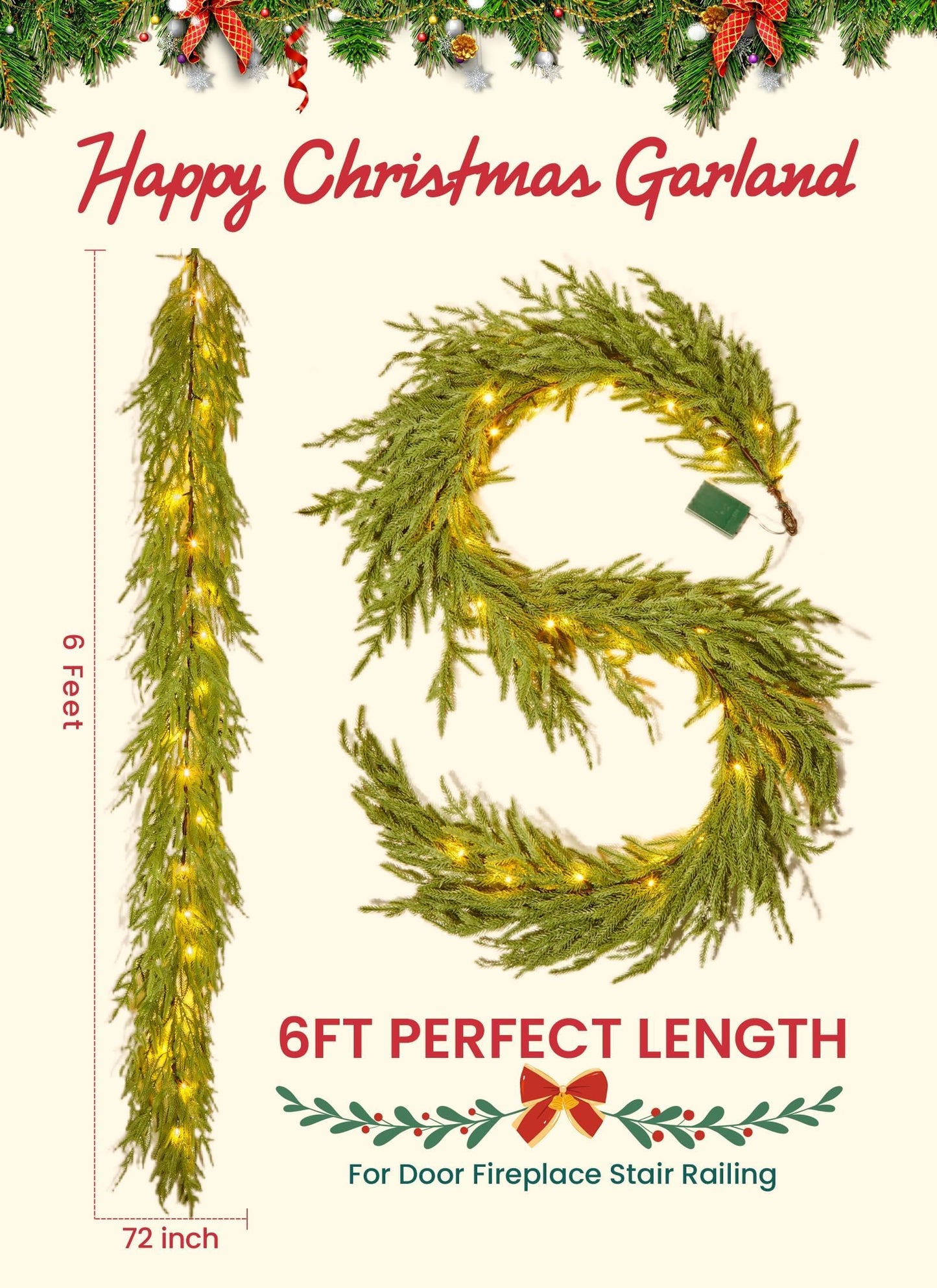 Brightown Christmas Garland with Lights, 6Ft Norfolk Pine Garlands, Battery Operated, White Lights, Prelit Garland for Mantle Fireplace Stairs Wall, Door Indoor Outdoor Christmas Decorations, 2 Pack