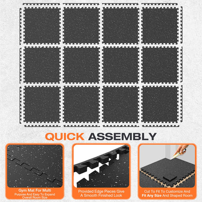 FLEXLIFT 0.56'' Thick 12 Pcs 48 Sq Ft Non-Slip Rubber Top Exercise Equipment Mats, High Density EVA Foam Mats with Rubber Top, Interlocking Puzzle Gym Flooring for Home Gym, Workout Floor Mats, Black
