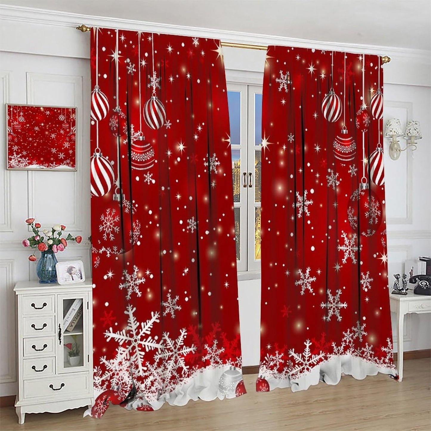 Red Christmas Snowflakes Curtain Merry Xmas Blackout Window Treatment for Living Room Bedroom Dining Home Decor Window Drapes 52" W X 84" L