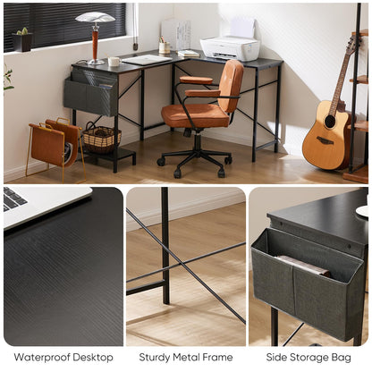 Sweetcrispy L Shaped Desk - Computer Desk Corner Desks Gaming Desk PC Table with CPU Stand Side Bag for Home Office Dorm Sturdy Writing Workstation, Black, 50-Inch