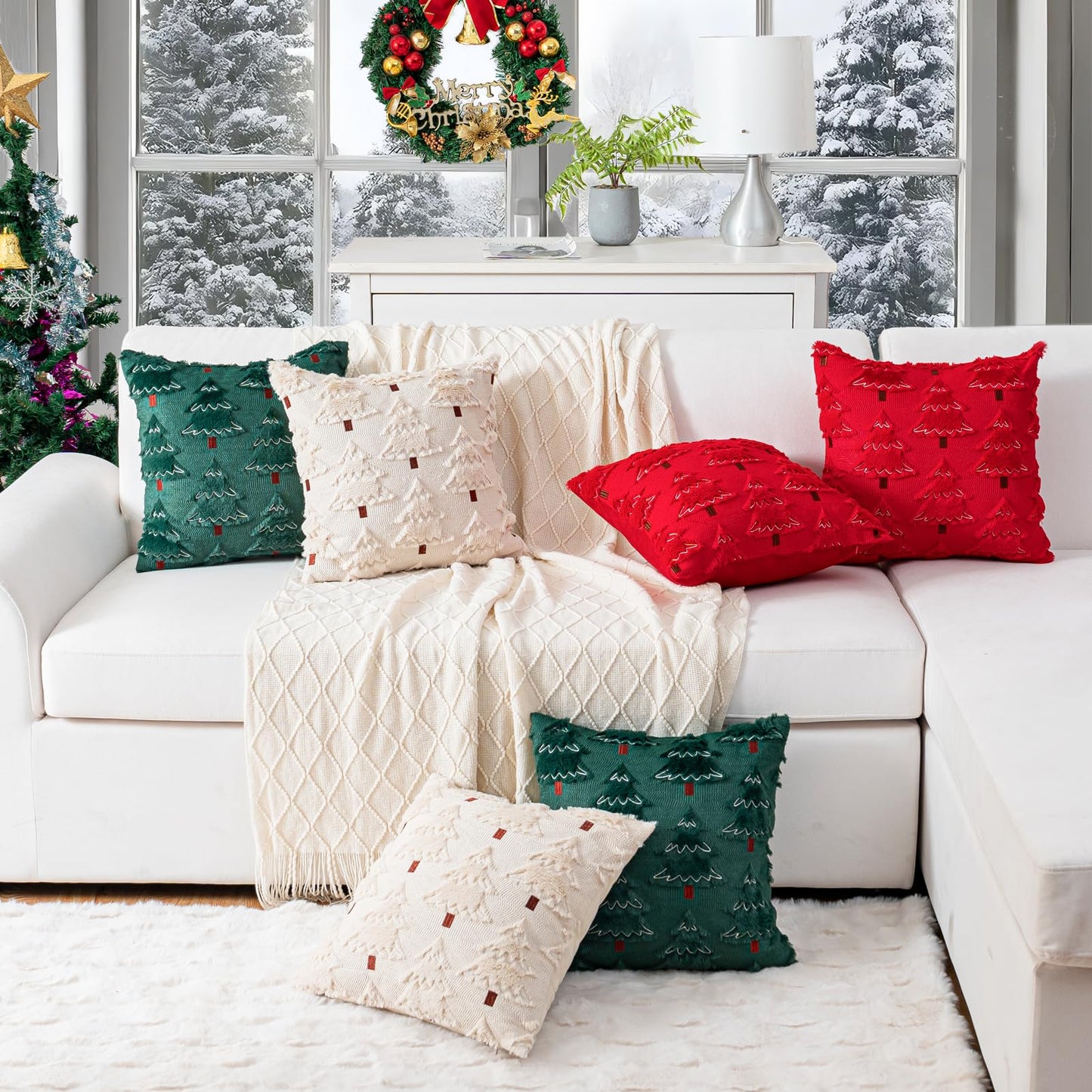 ZSkogur Christmas Throw Pillow Covers 18x18 Set of 2, Christmas Tree Decoration Cushion CoversCushion Covers Soft Faux Fur Pillow Cases for Sofa Couch Bed Winter Holiday Festivals Home Decor, Green