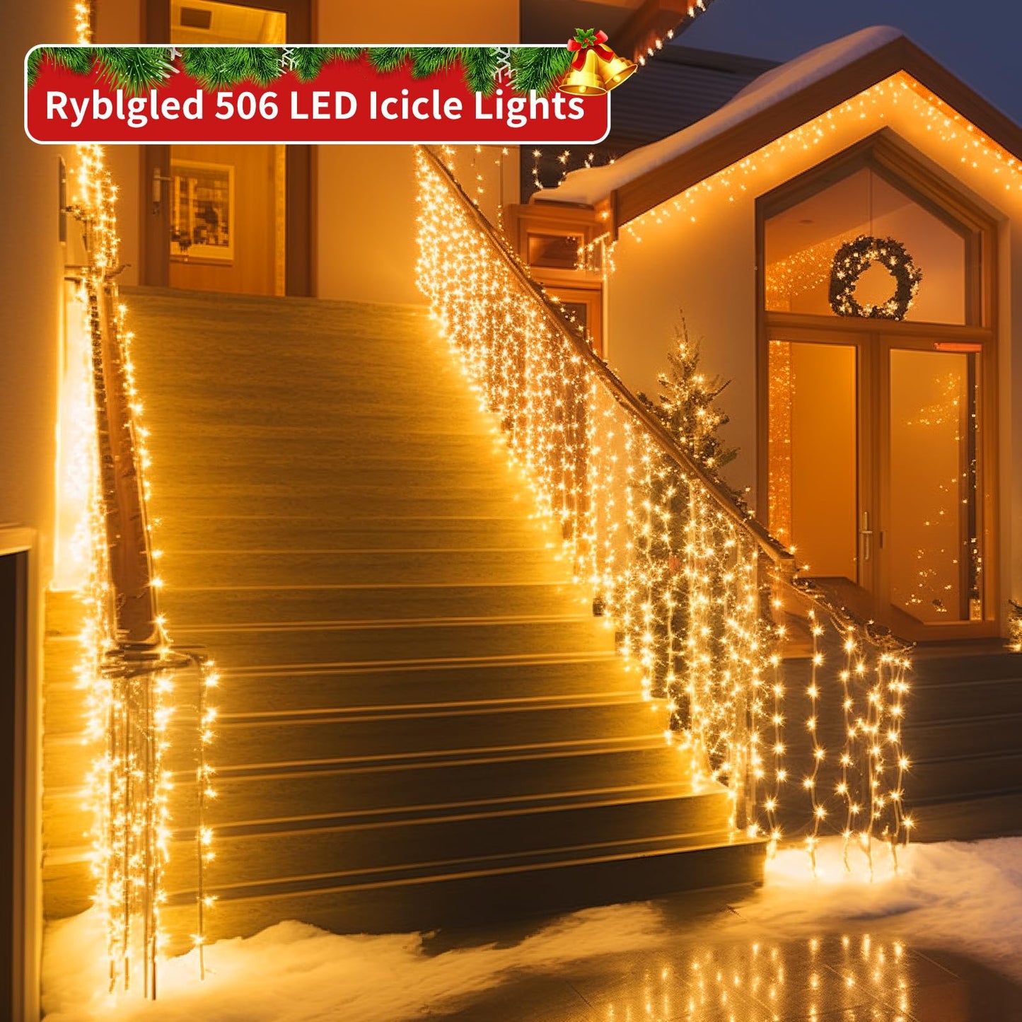 Ryblgled Plug-in Icicle Christmas Lights Waterproof - 65Ft 506 LED Icicle Lights for Outside Decorations with Remote, Warm White Icicle String Lights for Outdoor Indoor House Balcony Decor