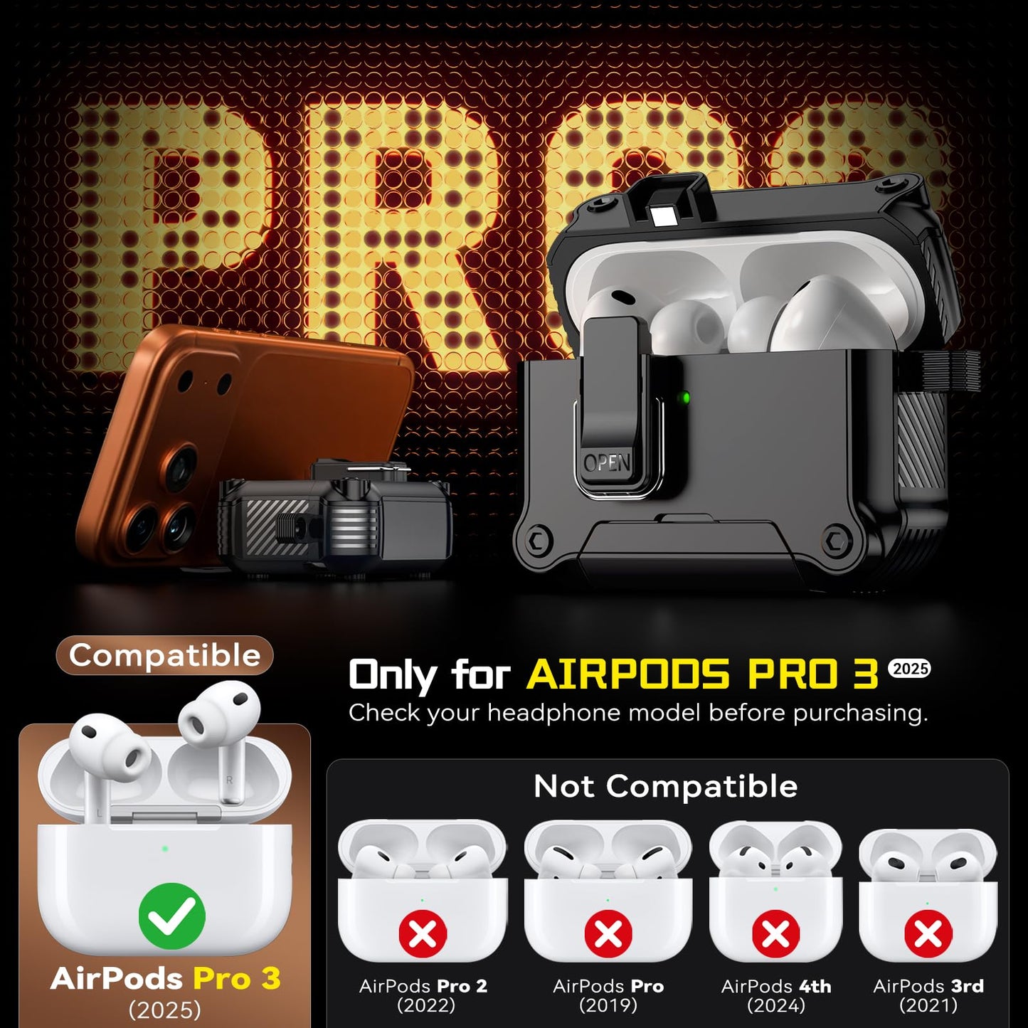 Inesore Compatible with AirPods Pro 3 Case,Secure Lock & Phone Stand Design,Compatible with MagSafe,Automatic Snap Switch Secure Cover (Black,for AirPods Pro 3)