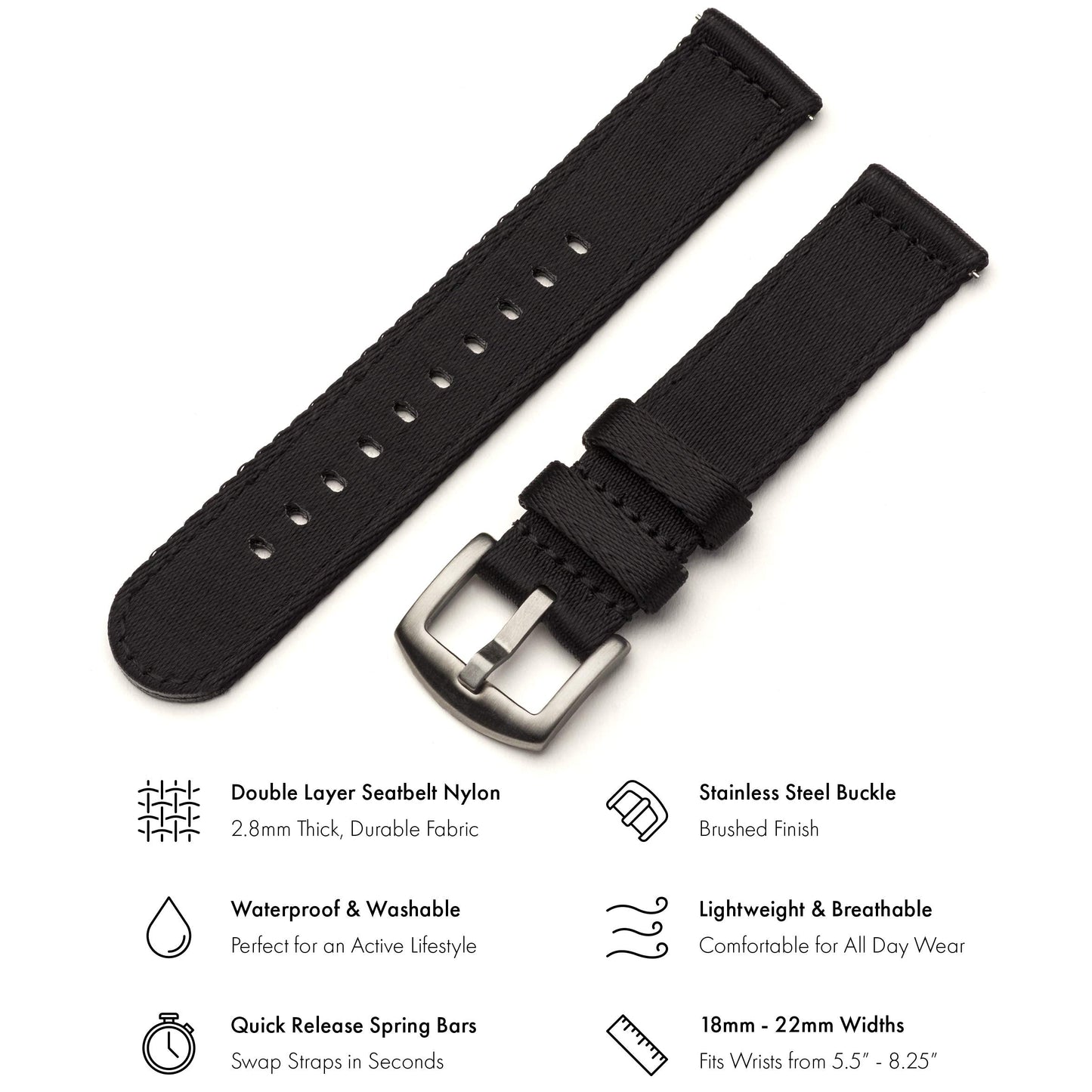 Benchmark Basics Black 20mm Quick Release Watch Band - Premium Waterproof Seatbelt Nylon Watch Straps for Men and Women - Compatible with Regular & Smart Watches