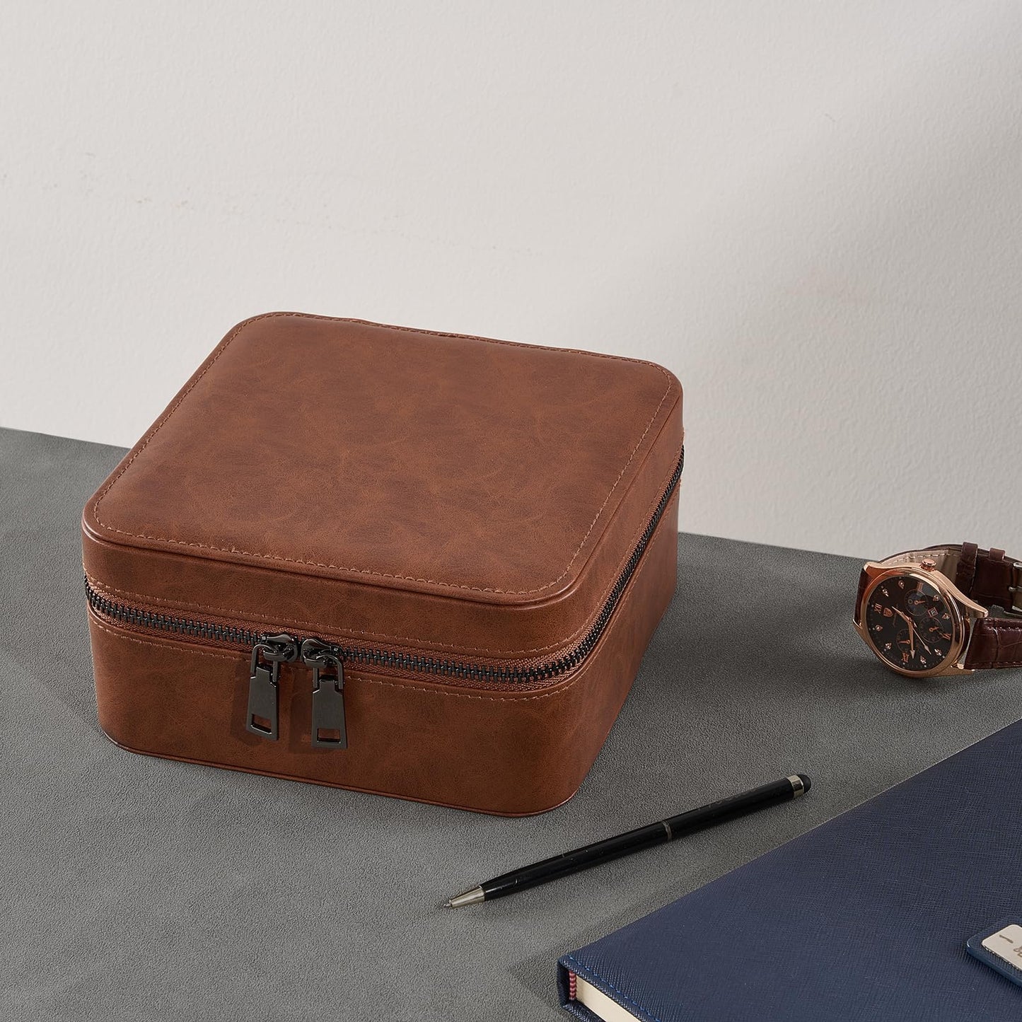 ProCase Travel Watch Case, 3 Slots PU Leather Mens Jewelry Box, Portable Watches Cufflinks Accessories Storage Case, Zippered Carrying Organizer Bag for Man -Lightbrown