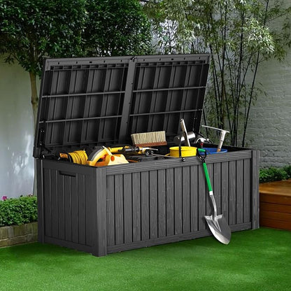 180 Gallon Waterproof Large Resin Deck Box Indoor/Outdoor Lockable Storage Container and Seating for Garden, Pool, and Patio (180 Gallon, Black)