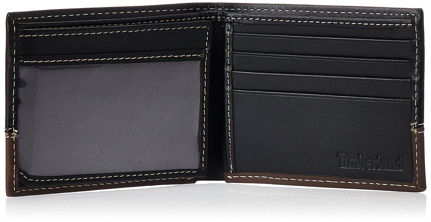 Timberland Men's Leather Passcase Bifold Wallet Hybrid, Black/Cognac, One Size
