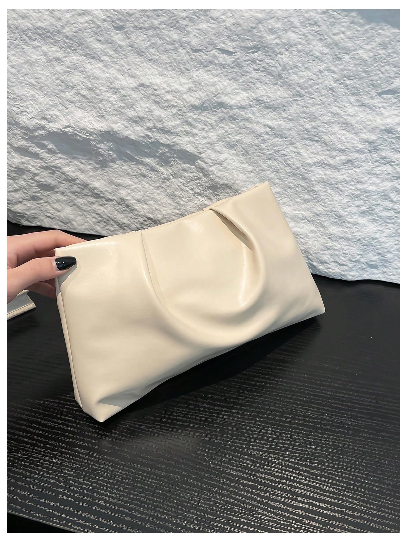 OYOANGLE Women's PU Leather Clutch Purses Small Zipper Ruched Minimalist Handbag Beige One Size