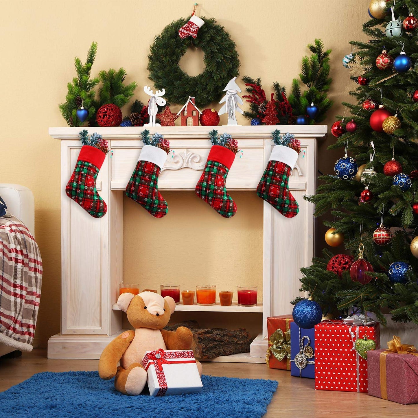 Syhood 24 Pcs 9 Inch Christmas Mini Stockings Plaid Snowflake Christmas Hanging Stocking for Xmas Party Decorations