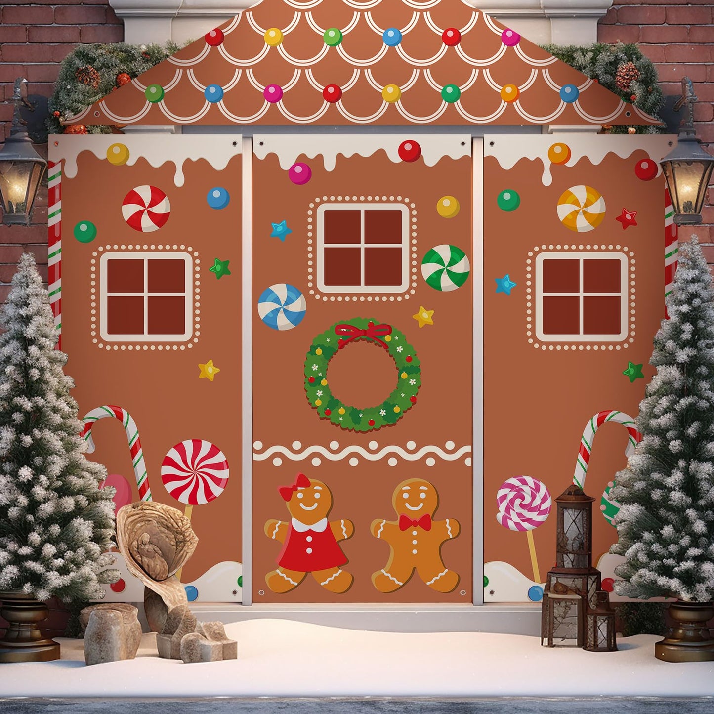 VitalCozy 4 Pcs Christmas Gingerbread Door Decoration Xmas Gingerbread House Candy Door Covers Backdrop Christmas Hanging Banner Porch Sign for Holiday Classroom Office Home Party Decor(Brown)