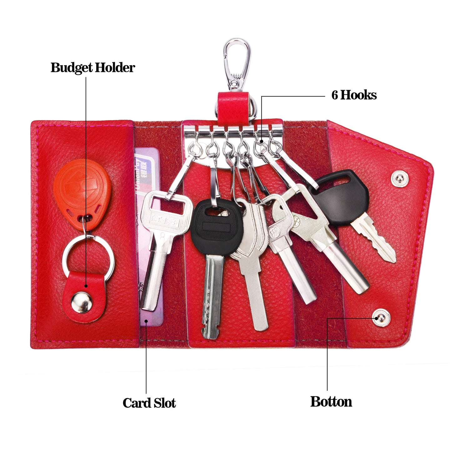 BAKUN Compact Leather Car Key Case, Key Holder Key Organizer Wallet, With 6 Hooks(Red)