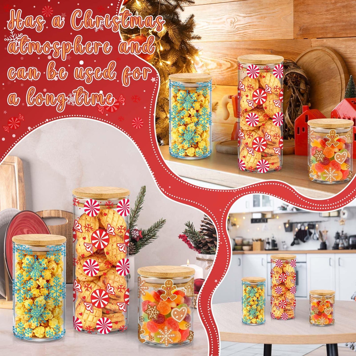 Cumule 3 Pcs Christmas Glass Storage Jars With Airtight Bamboo Lid Candy Cane Gingerbread Man Snowflake Glass Food Storage Jars with Wood Lid for Xmas Home Kitchen Containers Decoration