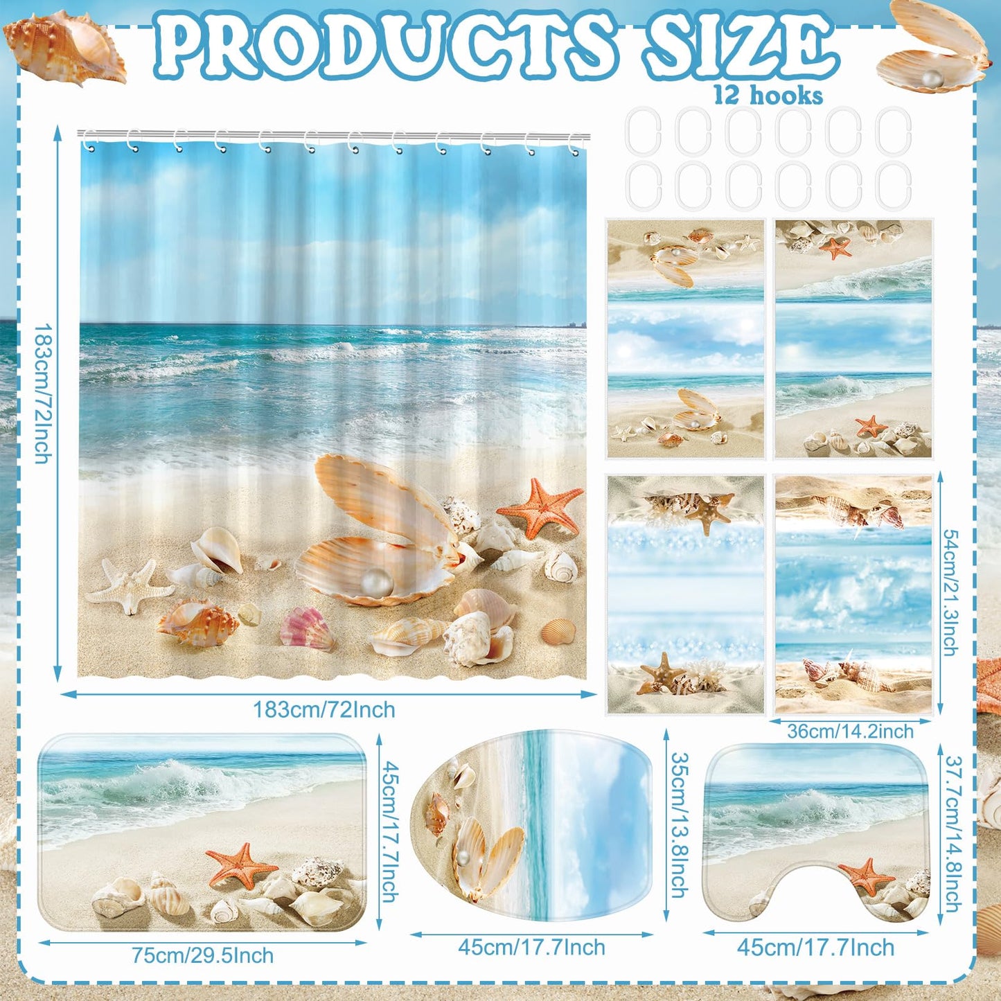 FuWeave 8 Pcs Summer Beach Shower Curtain Set Bathroom Decor Sea Ocean Waterproof Bathroom Accessories Shower Curtain Sets with Towels Carpet Bath Mat Toilet Rugs and 12 Hooks