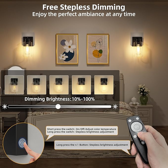 Battery Operated Wall Sconce with Remote Wall Light Rechargeable Wireless Cordless Led Glass Wall Lamp Indoor with 3 Color Temperature Dimmable E26 Edison Bulbs for Bedroom Bathroom Hallway Black