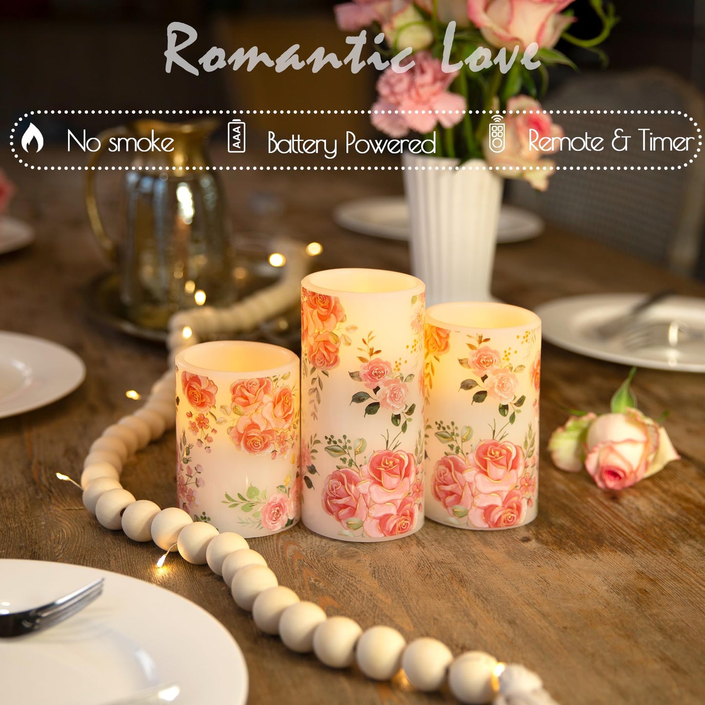 LUSHARBOR Flameless Candles with Remote, Battery Operated Candles Real Wax Pink Rose Flickering LED Candles Floral Christmas Decor Electric Pillar Candles Set of 3