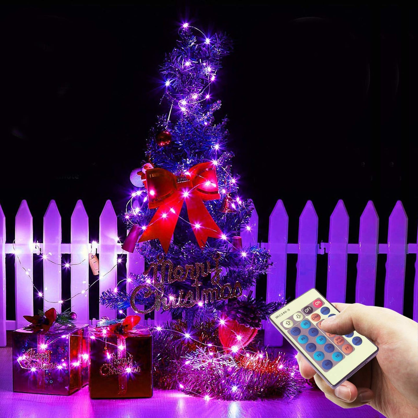 RUICHEN Dimmable Purple Fairy Lights Plug in, 33 Ft 100 LED Twinkle String Lights with Remote, Waterproof Silver Wire Lights for Christmas Halloween Party Bedroom Patio Garden