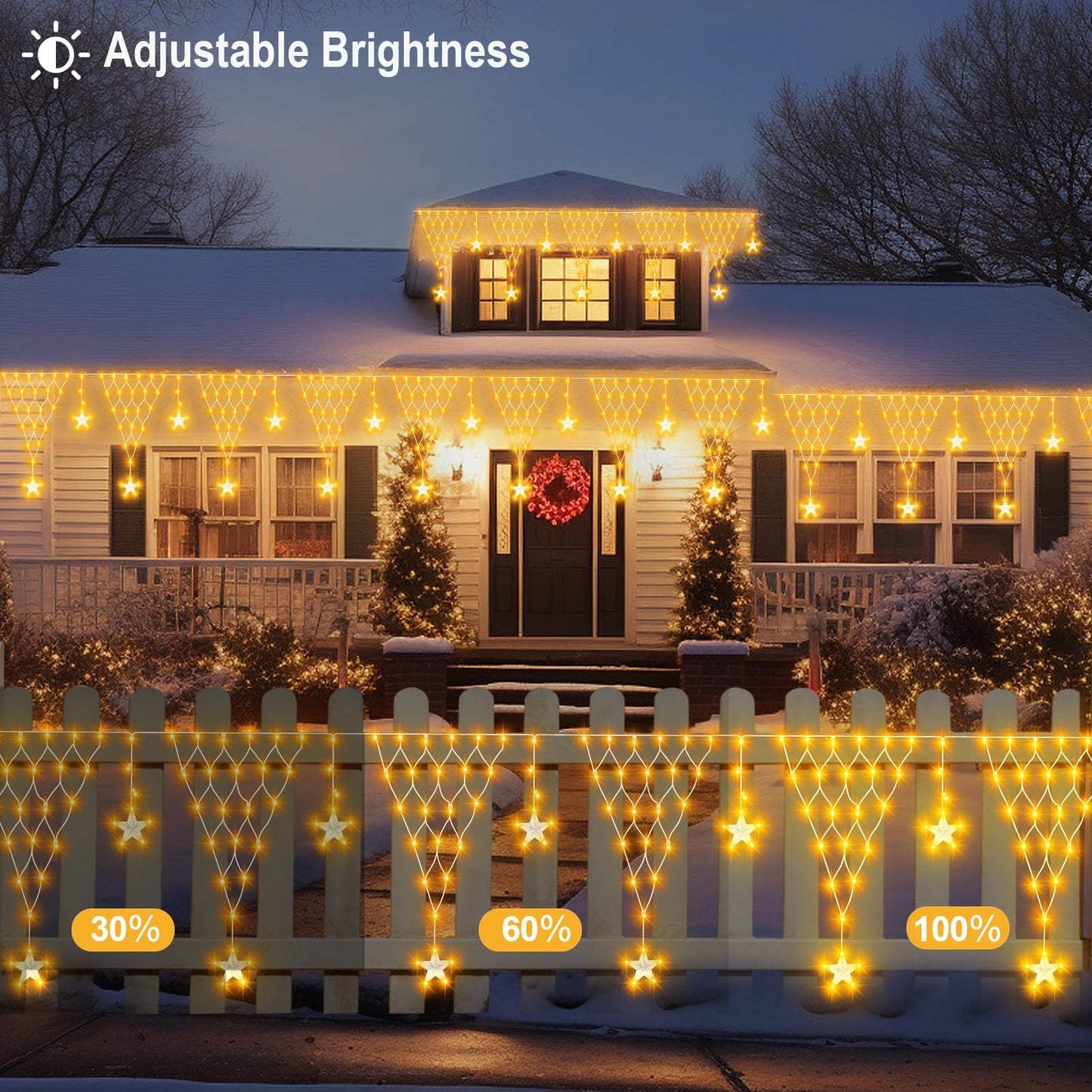 DBFAIRY Christmas Star Net Lights,196LED Connectable Dual Color Changing Fairy Net Lights, 13.1x1.9Ft Plug in Curtain Mesh Light Waterproof with Timer for Porch Fence Window (Warm White & Multicolor)