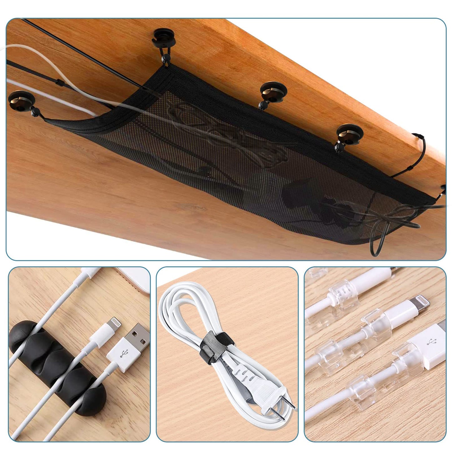 Under Desk Cable Management Net, 36PCS Under Table Cord Management Mesh Organizer Flexible Wire Hiders, Extra Large Capacity Wire Management Kit Under Desk, Fits Most Tables