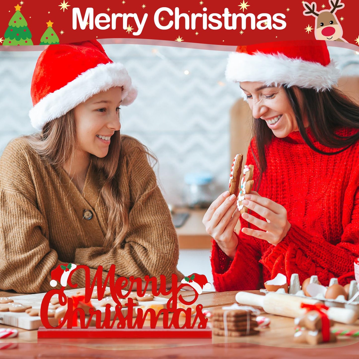 Realspring Merry Christmas Metal Sign Red Christmas Table Decoration Xmas Tiered Tray Decor Freestanding Metal Word Sign with Wooden Base for Xmas Home Tabletop Centerpiece Mantel Fireplace
