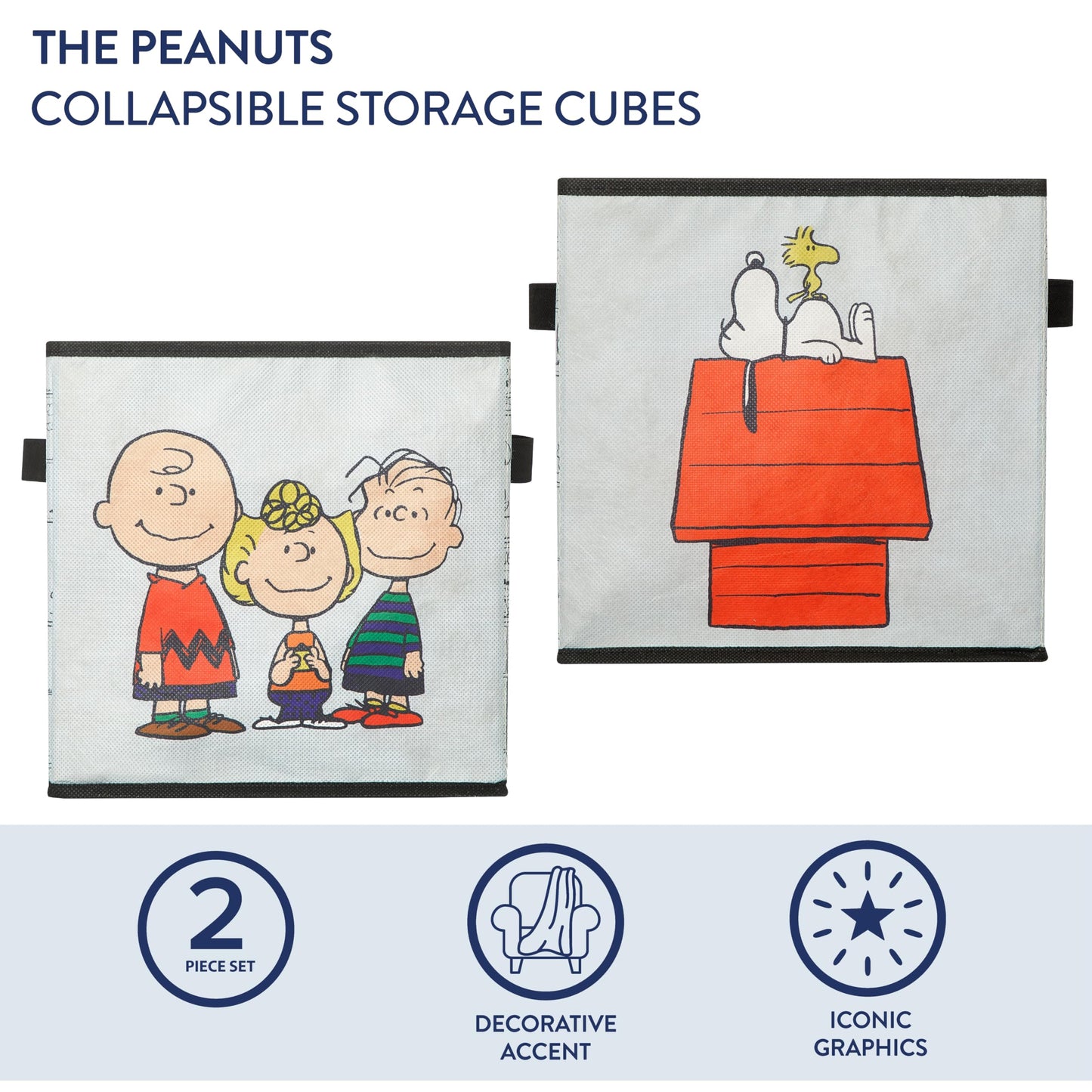Idea Nuova Storage Cubes for Kids,2 Pack Collapsible Fabric Bins with Handles, Organizer Boxes for Bedroom, Playroom & Nursery,Peanuts