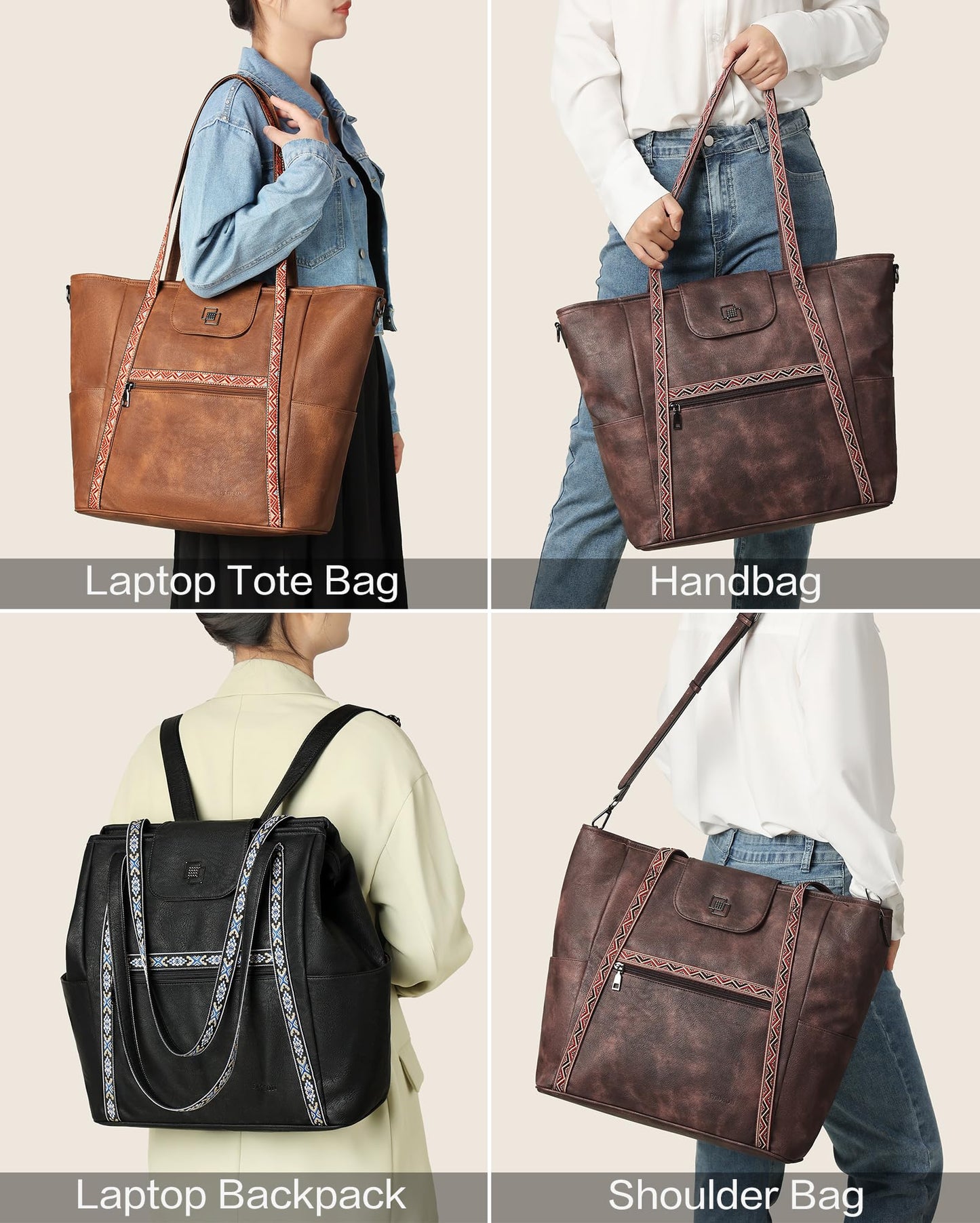 FADEON Large Laptop Tote Bag for Women Designer Leather Laptop Bag Fashion Travel Backpack Purse Shoulder Handbag Purple