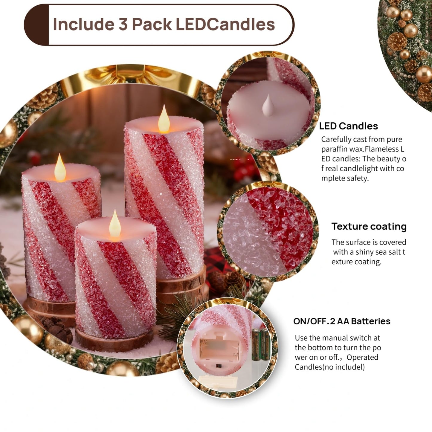 3 Pcs Christmas Candy Cane Stripe Flameless Candles, Real Wax Red &White Glitter Striped LED Pillar Candles with Battery Operated Flickering Flame for Xmas Party, Wedding, Home Decoration D3 x H4"5"6"