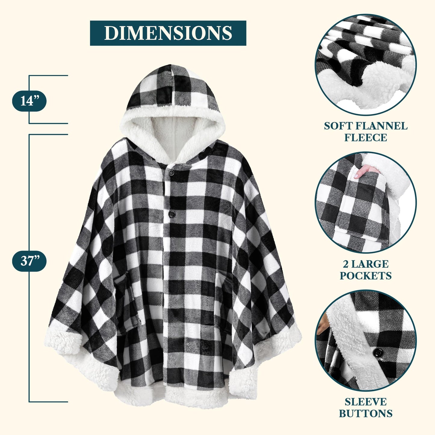 PAVILIA Hooded Blanket Poncho, Women Sherpa Fleece Shawl Wrap with Hood, Wearable Blanket Cozy Warm Poncho Cape Throw with Pockets, Gift for Elderly Mom, Black and White Buffalo Plaid Checkered