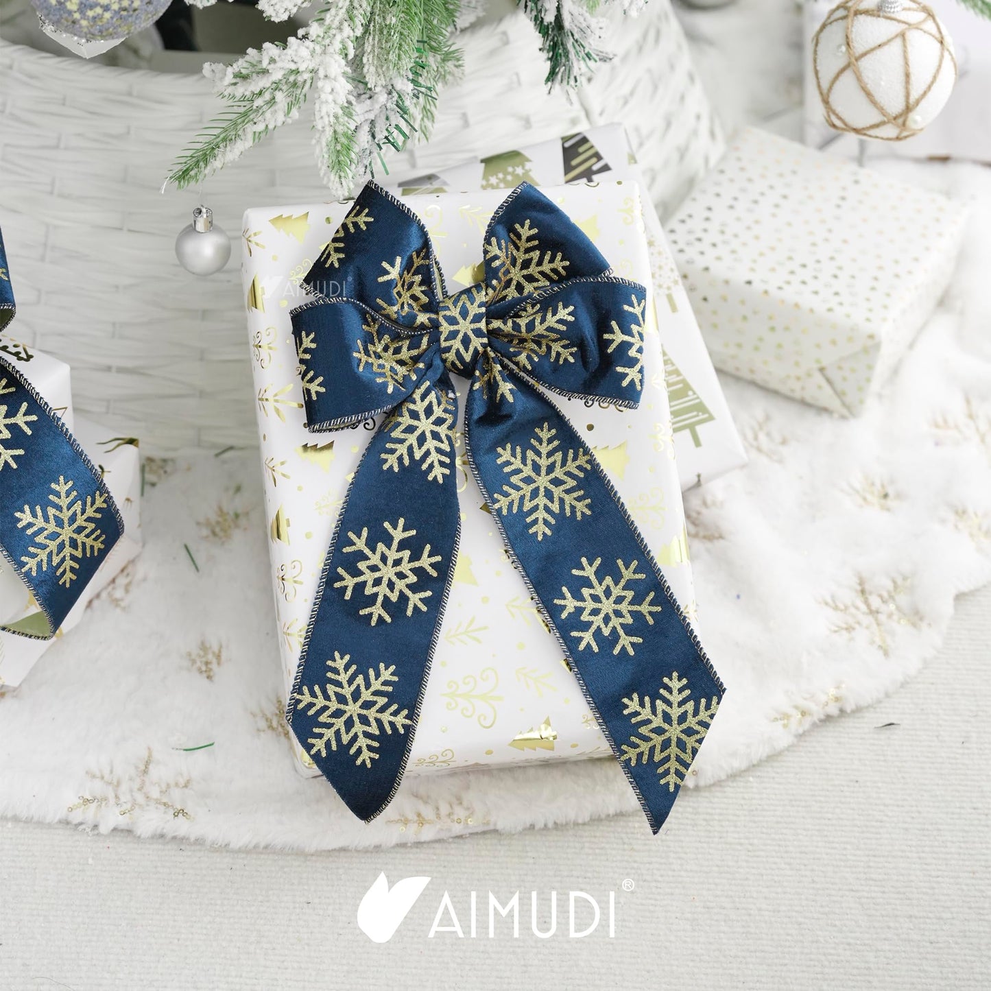 AIMUDI Navy Blue Velvet Ribbon 2.5 Inch Navy and Gold Snowflake Christmas Wired Ribbon for Gift Wrapping, Wreaths, Christmas Trees, Garlands, Holiday Crafts, Topper Bows, Home Decor 10 Yards